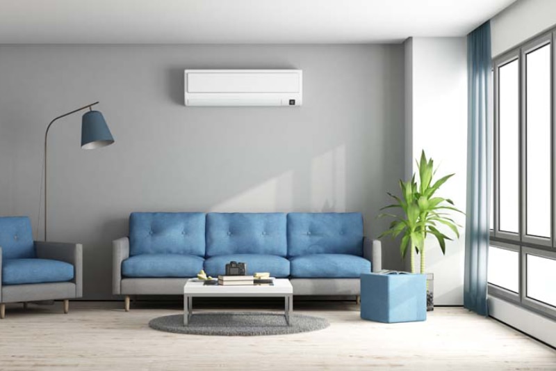 Ductless Mini Splits for Comfortable and Healthy Living. Blue and gray modern living room with sofa armchair and air conditioner - 3d rendering.